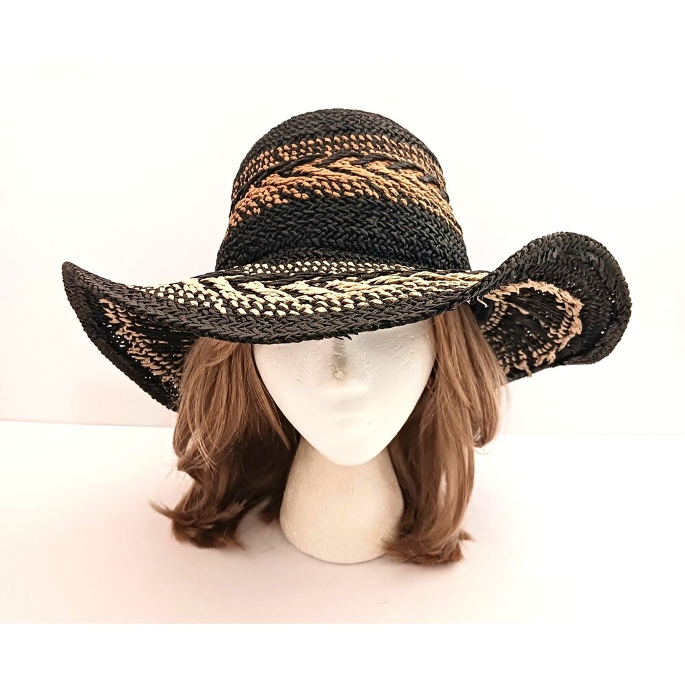 Barts Amsterdam Caledona Blk/Cream Straw Wide Brim Woven Sun Hat O/S